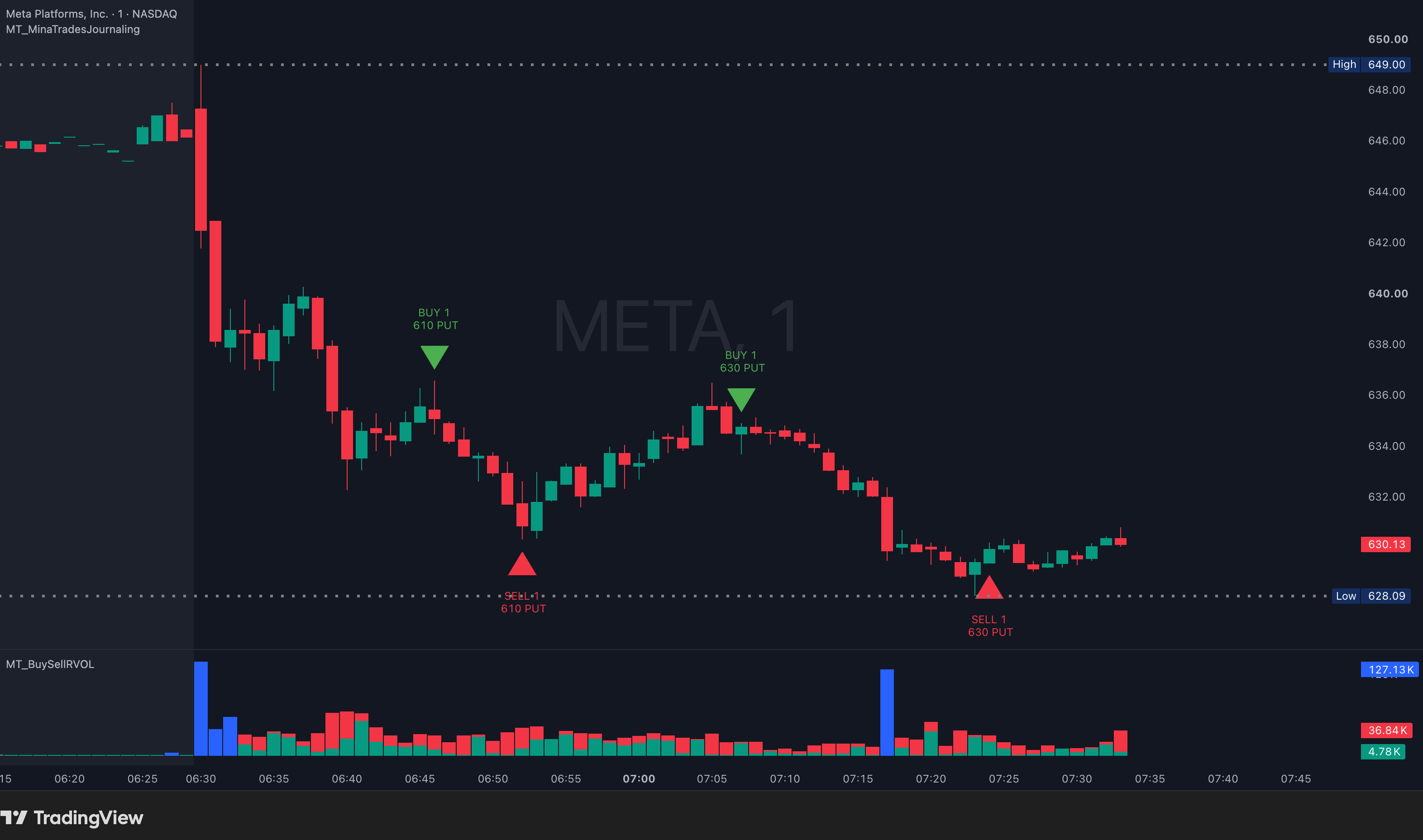 Plot Trades indicator on a META chart — buy and sell markers from a broker export